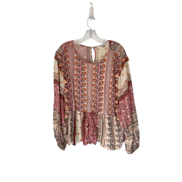 American Eagle Blouse Pink Fringe Boho Bohemian Embroidered Long Sleeve Size XL - Picture 1 of 12
